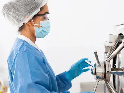 healthcare worker sterilizing equipment